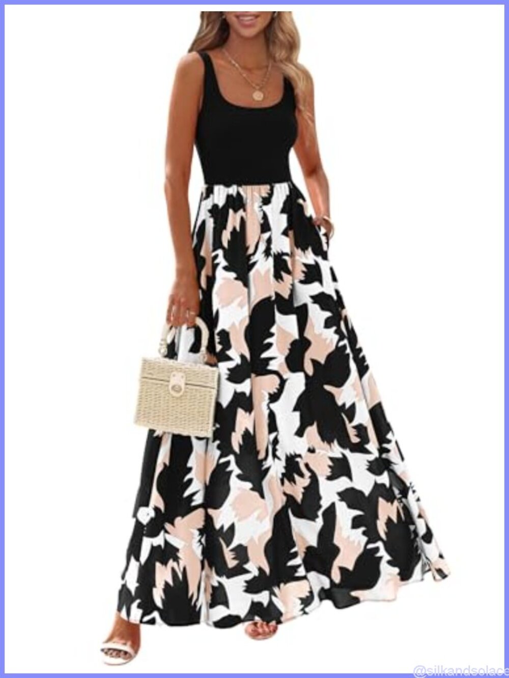 Women's Boho Floral Maxi Summer Dress Sleeveless Tank Dress with Pockets